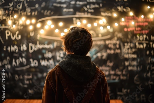 A student standing in front of a chalkboard filled with unsolved equations, student solved math, Ai generated photo