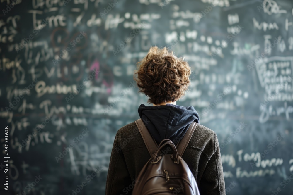 A student standing in front of a chalkboard filled with unsolved equations, student solved math, Ai generated A student standing in front of a chalkboard filled with unsolved equations, student solved math, Ai generated