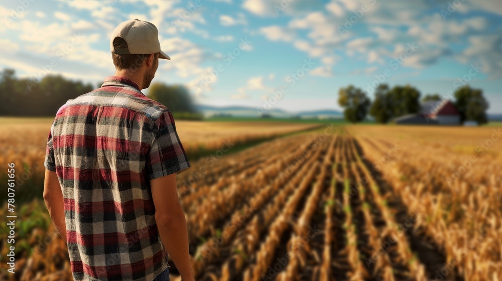 A farmer looking towards the crops. Field landscape from the back. Generated by artificial intelligence. A farmer looking towards the crops. Field landscape from the back. Generated by artificial intelligence.