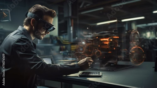 man wearing AR glasses is writing code to intelligently control a robot. On the background of a lab full of high-tech equipment. It represents technological progress. photo