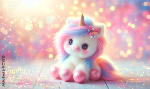 Cute unicorn with bokeh background, lovely baby unicorn & copy space pastel style photo