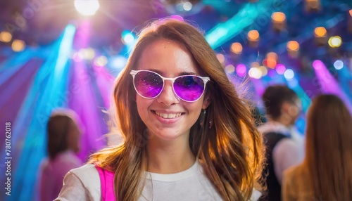  Portrait of a happy girl in a night club with purple and pink spotlight wearing sunglasses. Young woman in a nightclub with laser lights photo