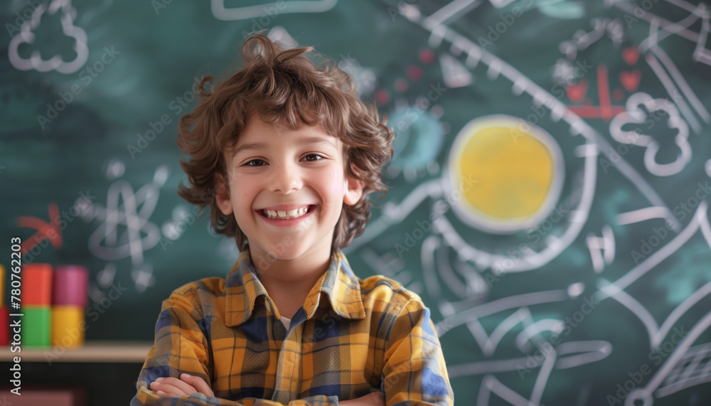 Little boy on blackboard background Little boy on blackboard background
