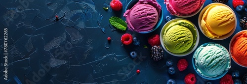 A colorful selection of gourmet ice cream scoops with fresh berries, perfect for summer desserts and sweets