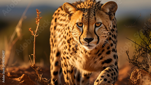 A Cheetah Walking in The Grass During Sunset