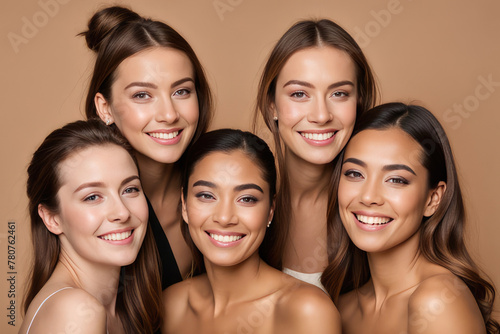 Beauty, diversity and portrait of women happy with makeup for cosmetic skincare isolated in studio brown background. Skin, aesthetic and young friends together for self care, dermatology and support