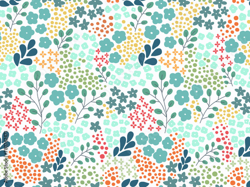 A hand-drawn floral pattern painted in bright colors on a white background.Seamless pattern.