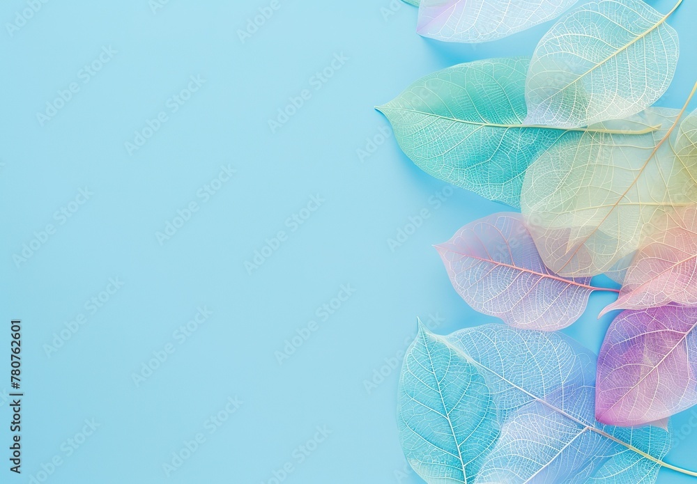 Bright collection of transparent multi-colored leaves on a blue background