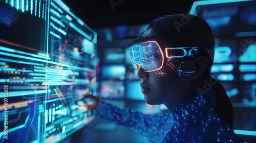 A woman wearing augmented reality glasses, interacting with holographic data in a futuristic workspace. A Doctor or Scientist working with data