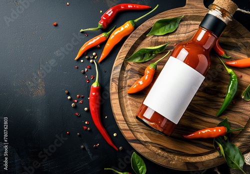 Gourmet hot sauce in a glass bottle surrounded by fresh and dried chilies, spices and herbs on a rustic wooden board