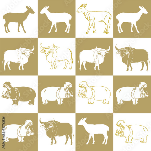 Vector seamless pattern with hippo Goral bull. Can be used for  wallpaper  pattern fills  web page background  surface textures