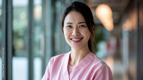 Asian female doctor in soft pink scrubs, smiling looking in camera, Portrait of woman medic professional, hospital physician, confident practitioner or surgeon at work. Big windows blurred background