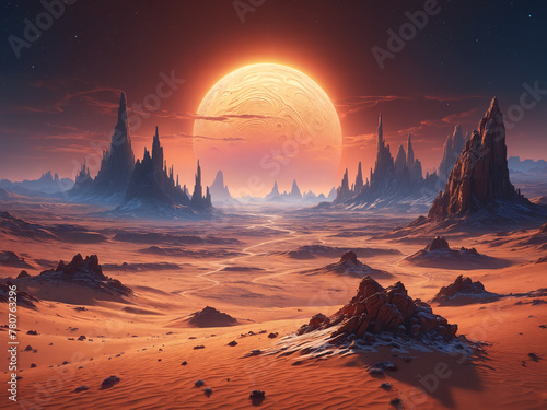 A desert alien landscape with a large, bright planet in the center, surrounded by sand dunes and rocky terrain.
