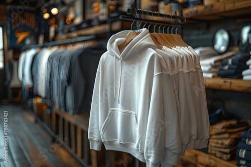Mockup of a white girls hoodie showcased in a store. Concept Product Mockup, Clothing Display, White Hoodie, Store Setting