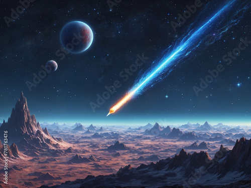 A comet falls from the sky, leaving a trail of fire in its wake. In the foreground, there is an alien planet visible, adding to the overall sense of the vast and empty space.