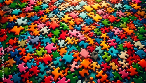 Array of Vibrant Puzzle Pieces on Surface for Creative Play and Fun photo