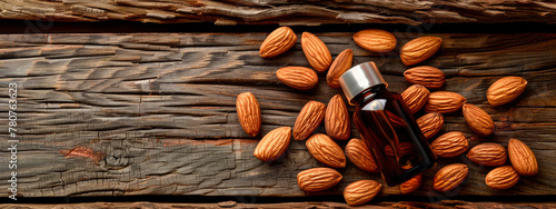 Almond essential oil in a bottle. Selective focus.