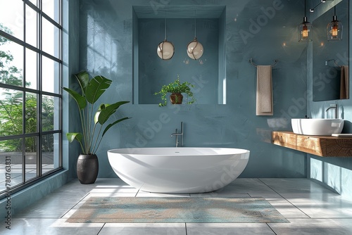 Luxurious bathroom design featuring a freestanding tub, large windows, and minimalistic fixtures with natural lighting