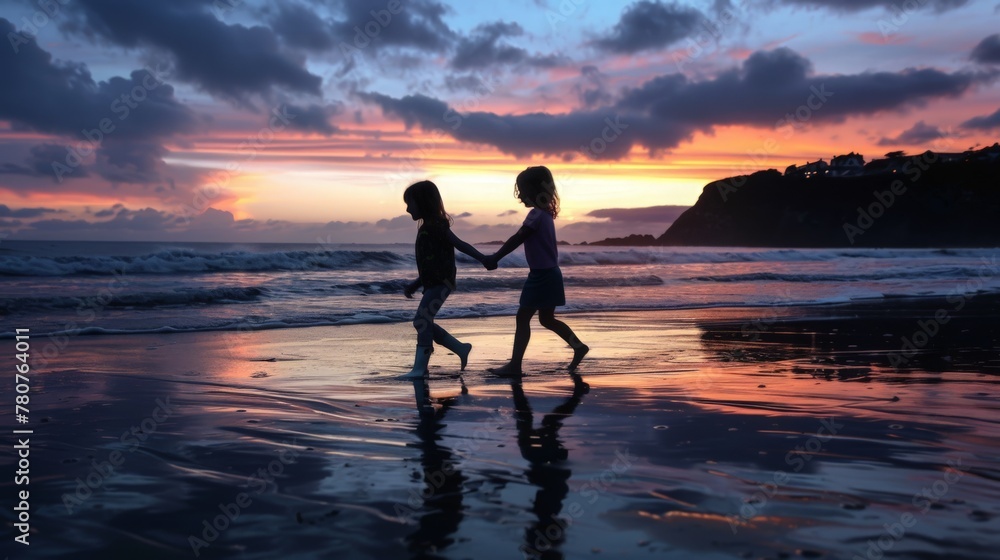 Siblings hold hands by the sea at sunset.