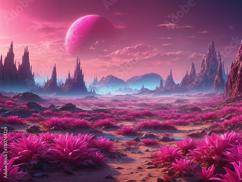 A fantastical landscape filled with pink and purple elements. It appears to be a desert or a field with a unique coloration  resembling a painting or a scene from a science fiction story.