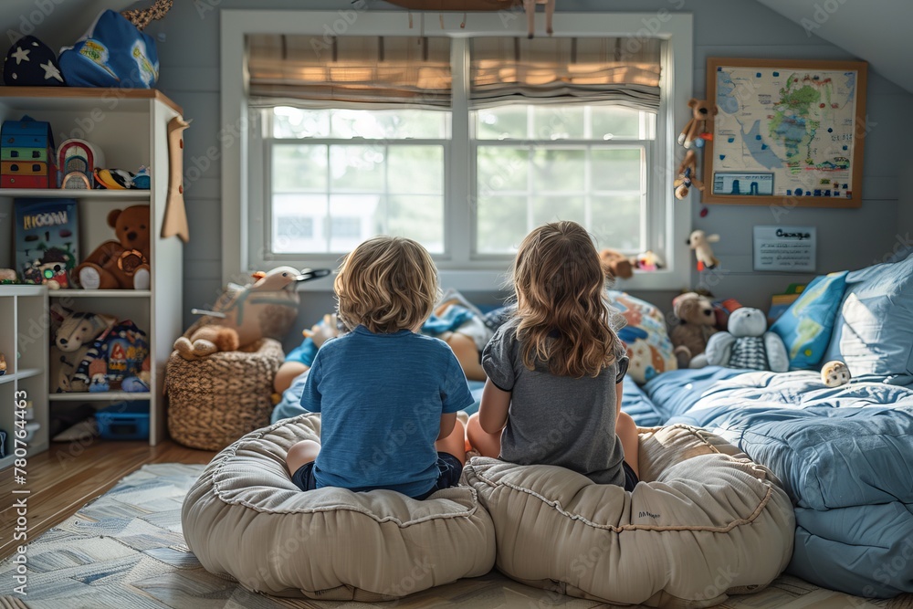 Two young boys sitting comfortably on plush cushions, enjoying time in an animal-themed room