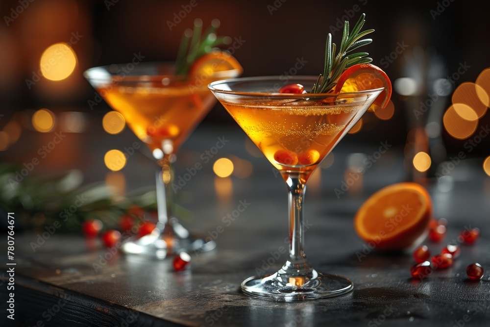 An elegant martini cocktail in a stemmed glass garnished with orange and berries on a dark wooden table An elegant martini cocktail in a stemmed glass garnished with orange and berries on a dark wooden table