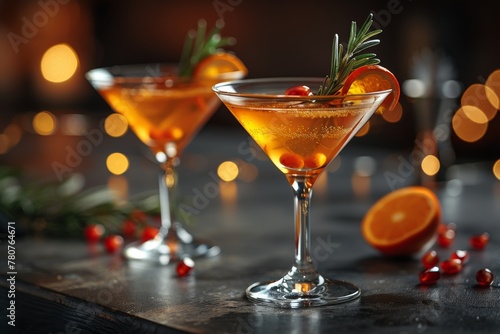 An elegant martini cocktail in a stemmed glass garnished with orange and berries on a dark wooden table