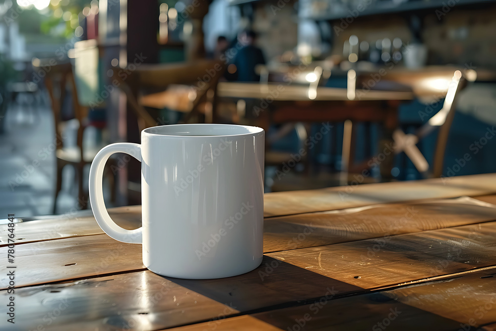 White Coffee Mug on the table in a coffee shop, mug mockup White Coffee Mug on the table in a coffee shop, mug mockup
