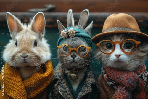 A duo of charming bunnies are perfectly focused with the third bunny artistically blurred in the background © Larisa AI