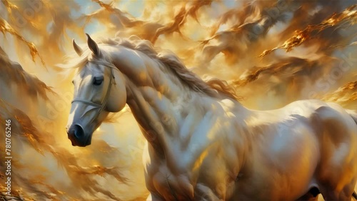 A stunning white horse stands proud against a dramatic golden cloudscape, exuding strength and elegance in a digital painting. photo