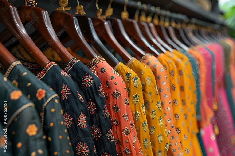 Fototapeta premium Indian Women's Fashion Dresses Showcased on Hangers in a Retail Shop. Concept Indian Fashion, Women's Dresses, Retail Shop, Hangers Display