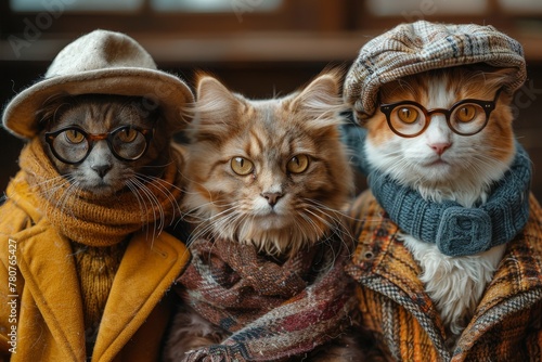 Two adorable cats posing in fashionable autumn outfits complete with hats and scarves, exuding charm