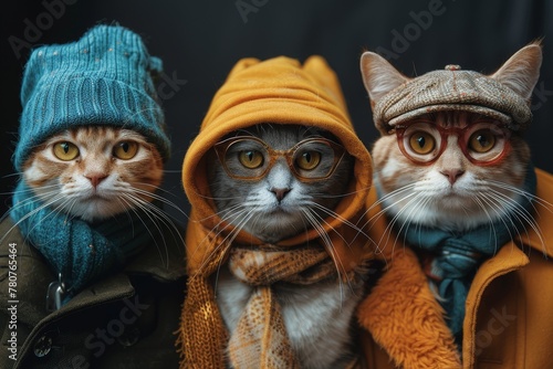 The back view of three cats with obscured faces focusing on their stylish autumn jackets photo