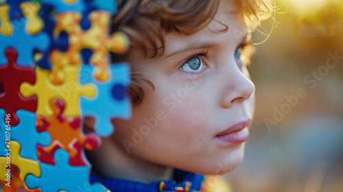 Young Boy With Blue Eyes Holding Puzzle Piece. Generative AI