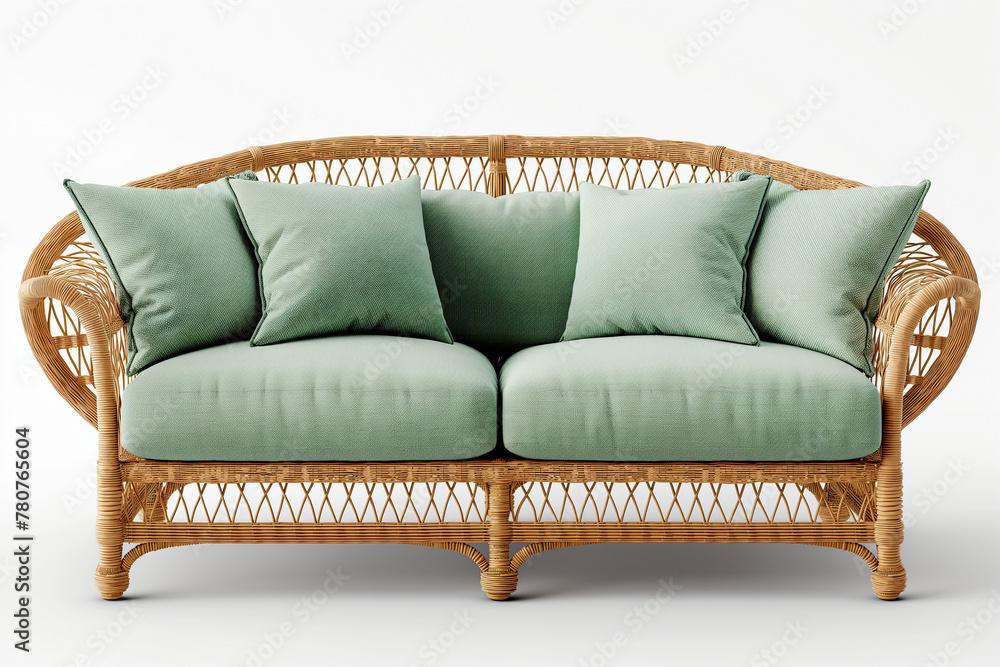 Stylish and comfortable wicker sofa with green cushions Stylish and comfortable wicker sofa with green cushions