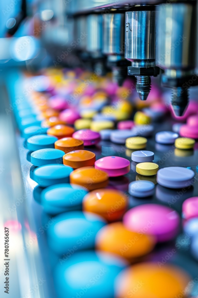 A colorful pills being printed on an advanced machine in the environment of an industrial production facility A colorful pills being printed on an advanced machine in the environment of an industrial production facility
