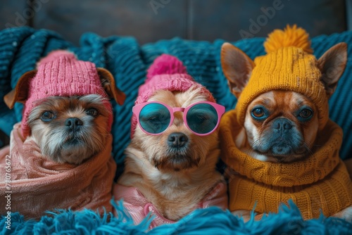 Portrait of three small dogs wrapped in scarves and wearing winter hats against a blue backdrop