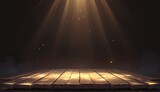 A stage with spotlights shining down, creating an atmospheric and mysterious ambiance. The floor is made of wooden planks