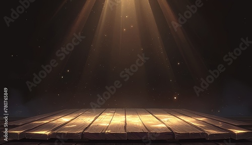 A stage with spotlights shining down, creating an atmospheric and mysterious ambiance. The floor is made of wooden planks photo