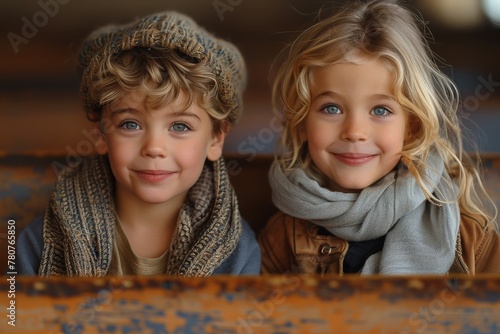 A close-up of two charming young kids with captivating blue eyes and smiles wearing cozy attire photo