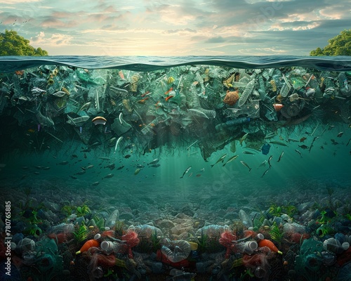 Rise of the Plastic Kingdom  An eyeopening illustration of plastic waste forming a new ecosystem in the ocean, urging millennials to rethink their consumption habits, high resolution DSLR © F@tboy