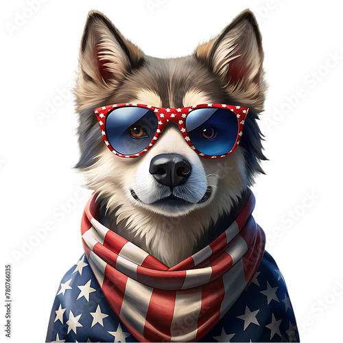 dog wearing amarican flag scarf photo