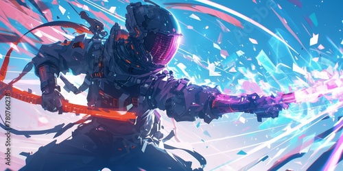 A vibrant digital art of an astronaut in neon pink and blue, wearing futuristic space gear with glowing accents. 
