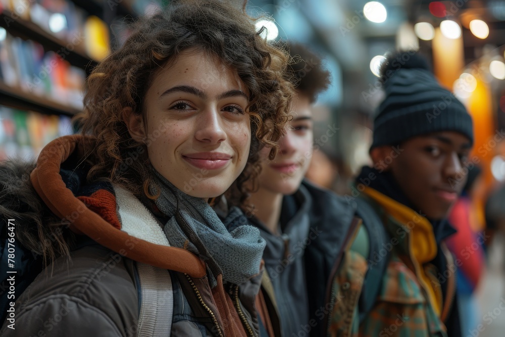 A teenager with curly hair is smiling in foreground with friends around in a bookstore A teenager with curly hair is smiling in foreground with friends around in a bookstore