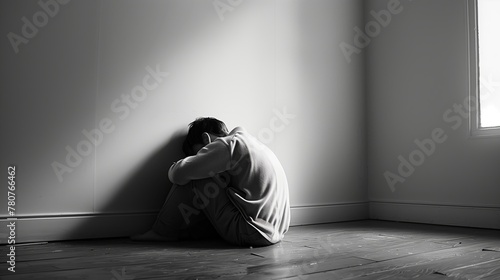 A man is sitting on the floor in a room with a wall behind him
