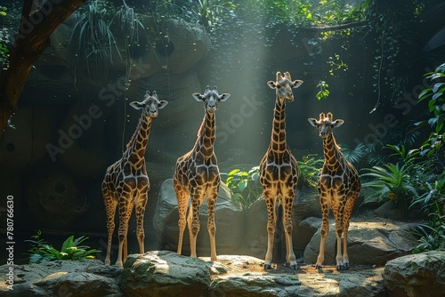 A herd of giraffes stands tranquilly under mystical sunbeams filtering through their enclosure