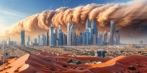 Sandstorms Fury Engulfs a Modern Metropolis, Towering Skyscrapers Barely Visible Under the Massive Brown Haze, Generative AI