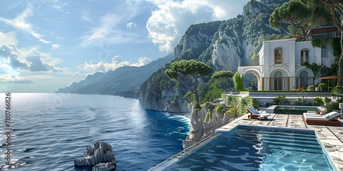 Positanos Seaside Grandeur Exploring the Lush Landscapes and Crystal Waters of Italys Famous Coast, Breathtaking Ocean View Serene Pool Nestled on Cliff's Edge Generated by AI photo