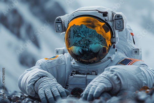 A captivating image of an astronaut in full gear, reflecting the rugged mountainous landscape in the visor, evoking exploration