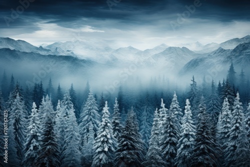 Snow-covered trees and mountains under a cloudy sky